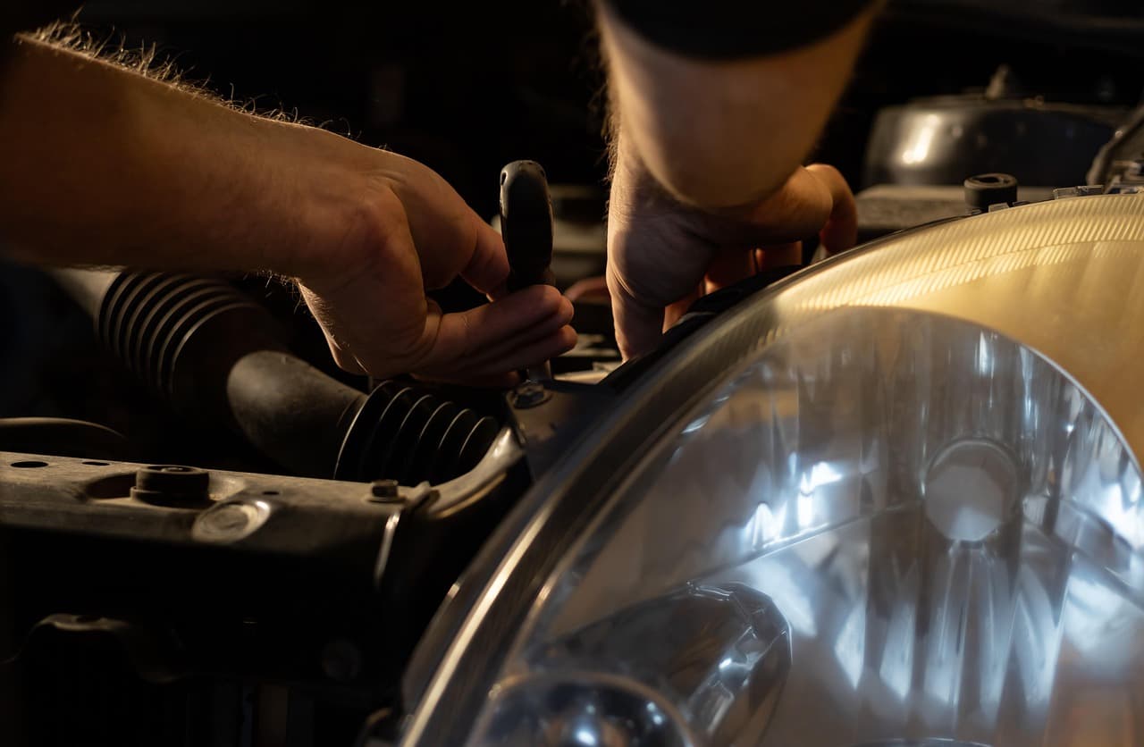 Mechanic working beside a headlamp